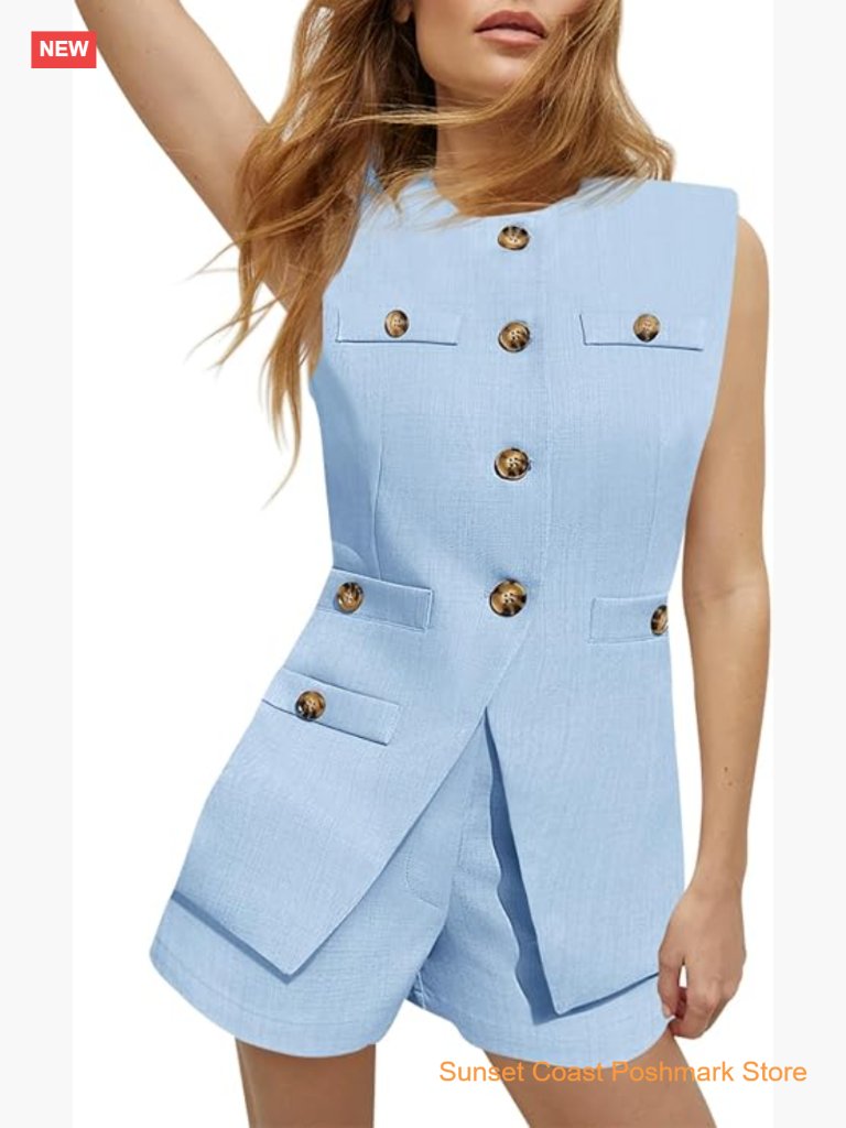 Womens 2 Piece Outfits Casual Suit Sets Sleeveless Button Down Blazer Vest